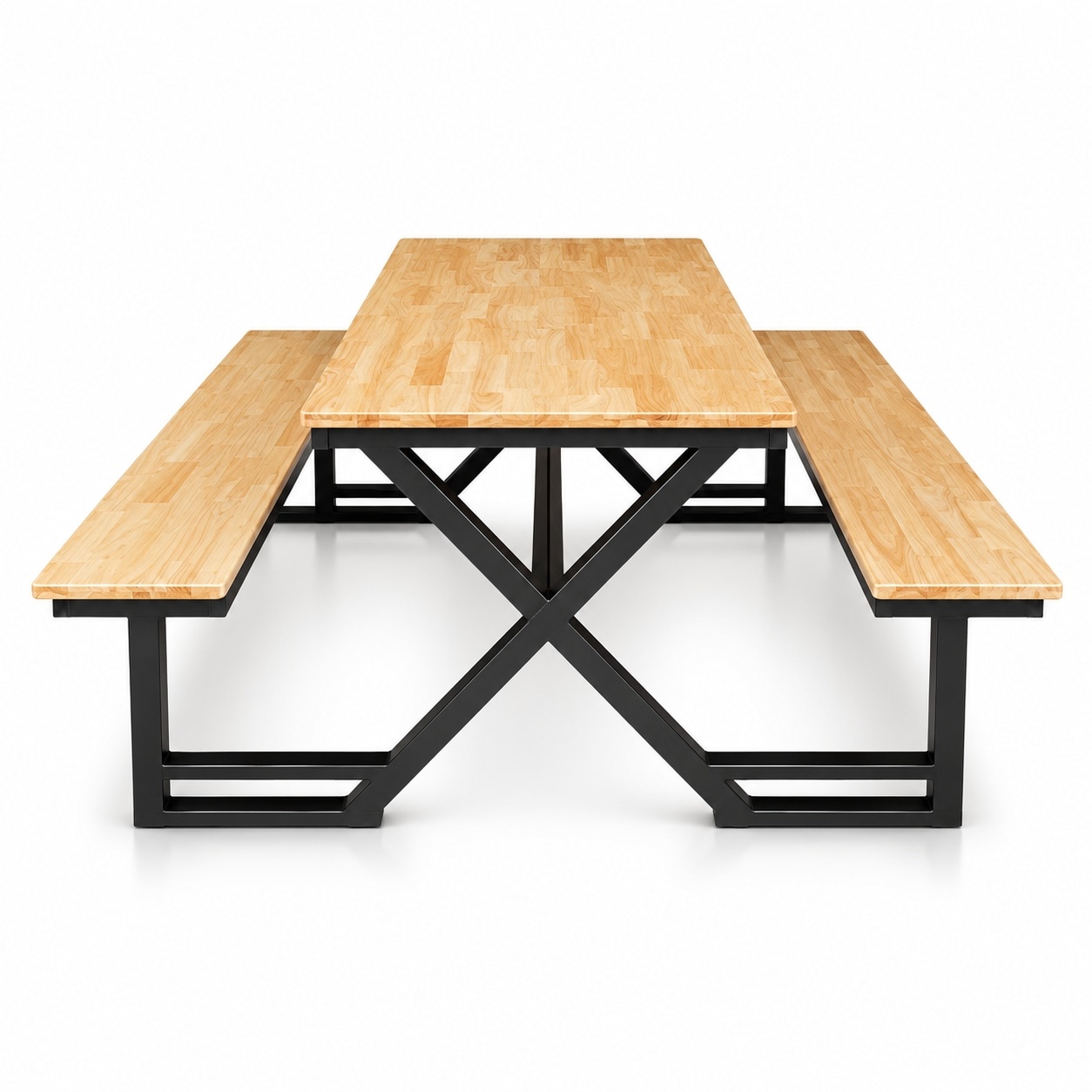 โต๊ะโรงอาหารขาไขว้ไม้ยางพารา ขาดำ X-Frame มุมมองหน้า