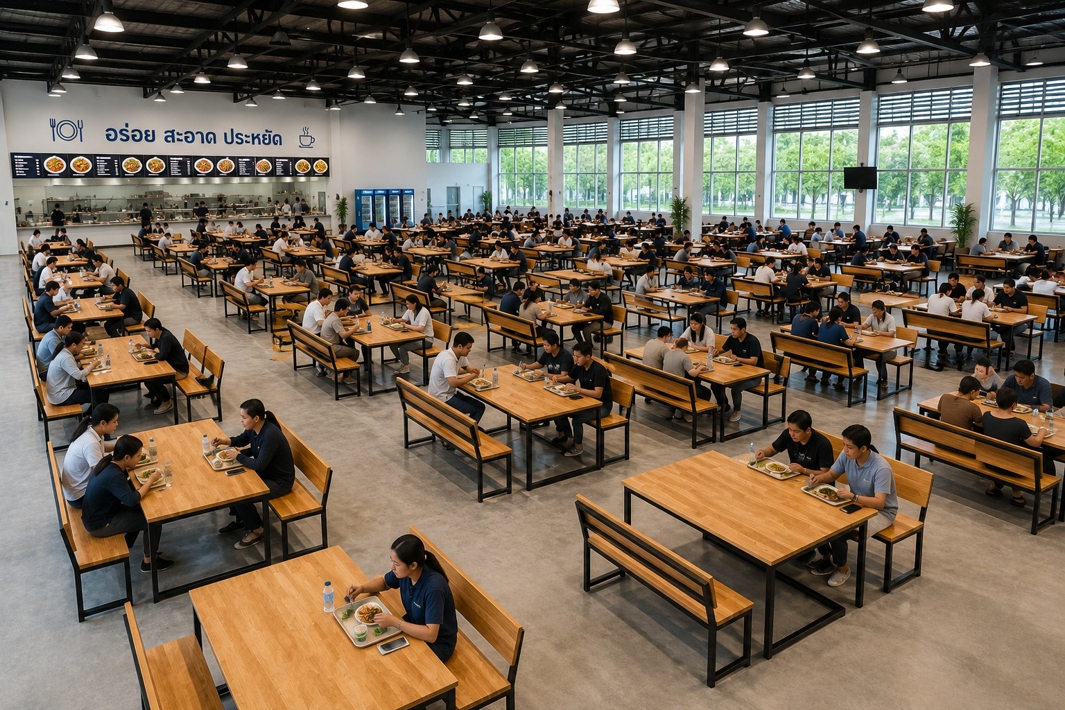 โต๊ะโรงอาหารไม้ยางพารา มีพนักพิง ขาเหล็ก 1×2 นิ้ว รูปที่ 2
