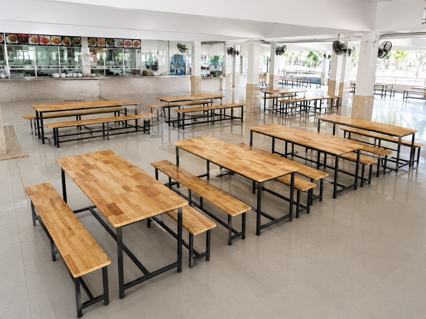 โต๊ะโรงอาหารไม้ยางพารา เกรด A ขาดำขาตาย พร้อมม้านั่ง รูปที่ 2