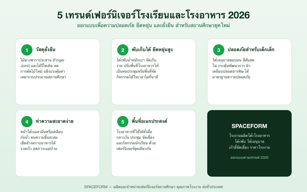5 เทรนด์เฟอร์นิเจอร์โรงเรียนและโรงอาหาร ปี 2026 วัสดุยั่งยืน พับเก็บได้ ปลอดภัยสำหรับเด็ก ทำความสะอาดง่าย พื้นที่อเนกประสงค์